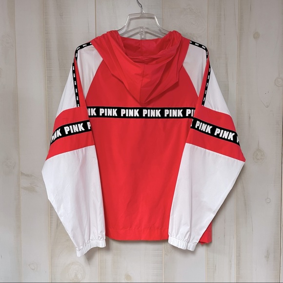 VS Pink Coral Neon Orange Full Zip Hooded Windbreaker Anorak Jacket M/L - Picture 2 of 7